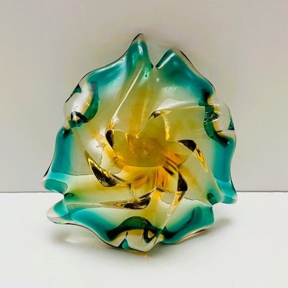 Vintage Mid-Century Handblown Murano Turquoise & Amber Star Bottom Glass Decor - Picture 2 of 6